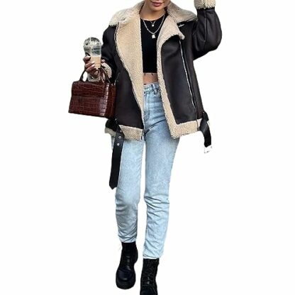 FeMereina Women Faux Lamb Fur Leather Short Jacket Lapel Zipper Bomber Outwear Faux Suede Lapel Coat Warm Biker Motor Aviator Coat 2 FeMereina Women Faux Lamb Fur Leather Short Jacket Lapel Zipper Bomber Outwear Faux Suede Lapel Coat Warm Biker Motor Aviator Coat - Image 2