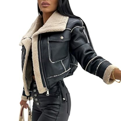 FeMereina Women Faux Suede Leather Jacket Motorcycle Biker Sherpa-Lined Coat Fur Collar Winter Aviator Leather Coat Bomber Jacket - Image 3