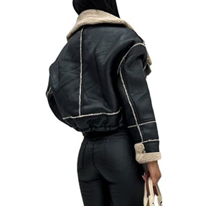 FeMereina Women Faux Suede Leather Jacket Motorcycle Biker Sherpa-Lined Coat Fur Collar Winter Aviator Leather Coat Bomber Jacket - Image 4