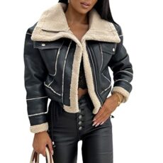 FeMereina Women Faux Suede Leather Jacket Motorcycle Biker Sherpa-Lined Coat Fur Collar Winter Aviator Leather Coat Bomber Jacket