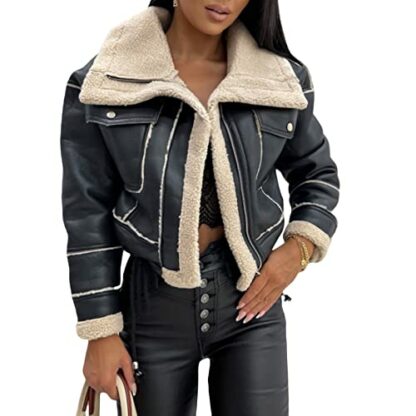 FeMereina Women Faux Suede Leather Jacket Motorcycle Biker Sherpa-Lined Coat Fur Collar Winter Aviator Leather Coat Bomber Jacket - Image 2