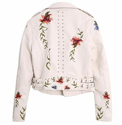 Floral Leather Jacket,Classic Biker Jacket,Women's Floral Embroidered Faux Leather Moto Jacket Coat Slim Fitted Zip Up Biker Short Jacket Outwear (Black, M) - Image 4