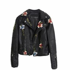 Floral Leather Jacket,Classic Biker Jacket,Women's Floral Embroidered Faux Leather Moto Jacket Coat Slim Fitted Zip Up Biker Short Jacket Outwear (Black, M)