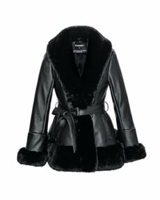 GRAN ORIENTE Women's Faux Leather Jacket with Faux Fur Collar, Winter Long Sleeve Furry Trim Peplum Parka Coat with Belt