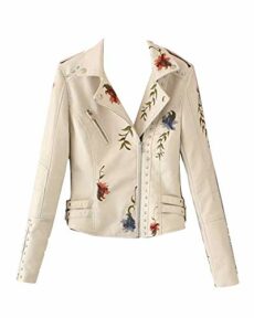 GUOCU Women's Floral Embroidered Faux Leather Moto Biker Jacket Blazer Coats