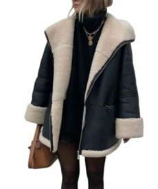 Glkaend Women's Faux Shearing Moto Bomber Jacket Sherpa-Lined Coat Winter Aviator Leather Coat Outerwear