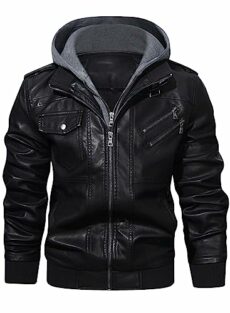 HOOD CREW Men’s PU Faux Leather Motorcycle Bomber Jacket With a Removable Hood