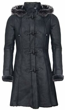 Infinity Leather Ladies Black Snowtip Merino Shearling Sheepskin Hooded Duffle Coat