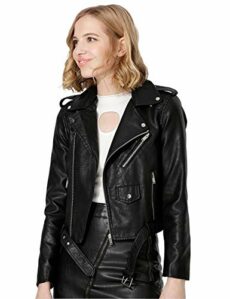 Jhichic Women's Faux Leather Textured Short Moto Jacket Zip-up Slim PU Biker Coat with Pockets