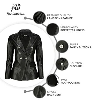 Jild Double Breasted Fancy Buttons Lambskin Leather Blazer Women - Kim Kardashian Long Sleeve Coat Style Leather Jacket Women - Image 4