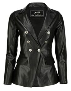 Jild Double Breasted Fancy Buttons Lambskin Leather Blazer Women - Kim Kardashian Long Sleeve Coat Style Leather Jacket Women