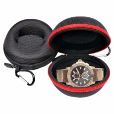 LTHERMELK 2 Pieces Watch Travel Case with Carabiner, Single Watch Box with Zipper for Storage, Round Portable Watch Case for Holding WristWatches Smart Watches (Black, Red)