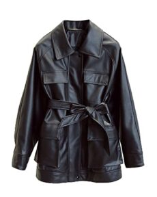 LY VAREY LIN Women Faux Leather Belted Shirt Jacket Lapel Blazer Coat with Bust Pocket
