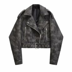 LY VAREY LIN Women Faux Leather Cropped Jacket Casual Bomber Biker Short Coat with Belt