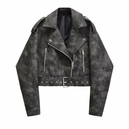 LY VAREY LIN Women Faux Leather Cropped Jacket Casual Bomber Biker Short Coat with Belt - Image 2