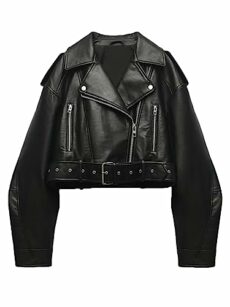 LY VAREY LIN Women Faux Leather Cropped Jacket Lapel Zipper Biker Short Coat with Belt
