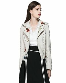 LY VAREY LIN Women's Floral Embroidered Faux Leather Moto PU Jacket Coat
