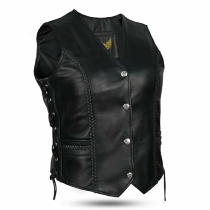 Leatherick Ladies Braided Biker Style Leather Waistcoat 2 Leatherick Ladies Braided Biker Style Leather Waistcoat - Image 2