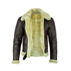 Leatherick Men Brown Aviator Real Goat Skin Leather Shearling Style Vintage Bomber Flying Jacket