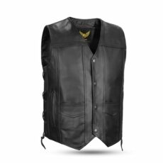 Leatherick Men’s Top-Grain Genuine Cowhide Leather Waistcoat Black Classic Vest with Side Laces and Deep Pockets