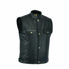 Leatherick Motorcycle Mens SOA Genuine Leather Biker Vest with Open Buttons for Riding and Fashion Cut of style Black Waistcoat with Deep Pockets