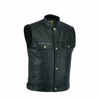 Leatherick Motorcycle Mens SOA Genuine Leather Biker Vest with Open Buttons for Riding and Fashion Cut of style Black Waistcoat with Deep Pockets - Image 2