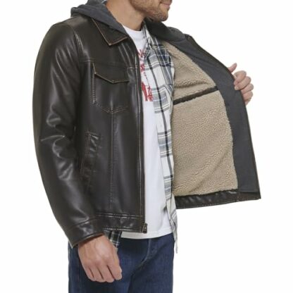 Levi's Men's Vintage Deer Faux Leather Sherpa Lined Trucker Hooded Jacket 4 Levi's Men's Vintage Deer Faux Leather Sherpa Lined Trucker Hooded Jacket - Image 4