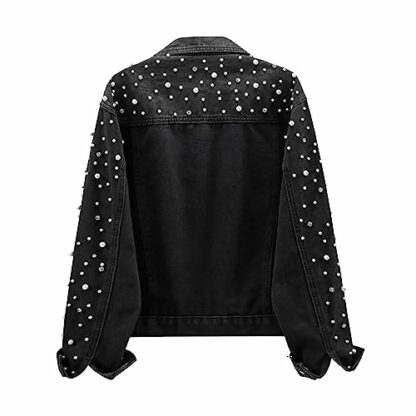 LifeShe Women's Pearls Denim Jacket Cropped Rhinestones Jean Jacket Coat - Image 3