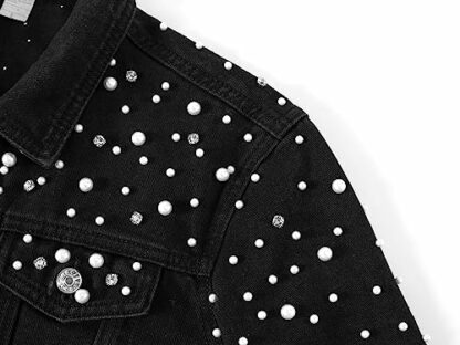 LifeShe Women's Pearls Denim Jacket Cropped Rhinestones Jean Jacket Coat - Image 4
