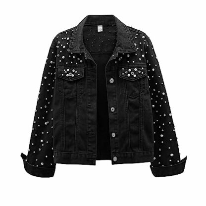 LifeShe Women's Pearls Denim Jacket Cropped Rhinestones Jean Jacket Coat - Image 2