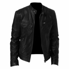 Men Faux Leather Zip Up Jacket Stand Collar Leather Motorcycle Jacket Lightweight Bomber Outwear PU Coat (L,Black), Black