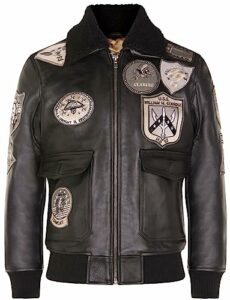 Men's Air Force A2 Flight Leather Bomber Jacket with Sheepskin Collar and Patches