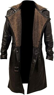 Men's Belted German Military WW2 Brown Real Lambskin Leather Winter Long Trench Fur Coat