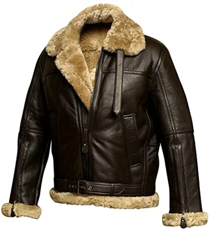 Mens Raf Aviator Leather Jacket Real Shearling Genuine Sheepskin B3 Bomber Flight Flying Winter Coat WW2 - Brown - Image 3