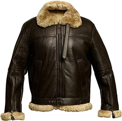 Mens Raf Aviator Leather Jacket Real Shearling Genuine Sheepskin B3 Bomber Flight Flying Winter Coat WW2 - Brown - Image 4