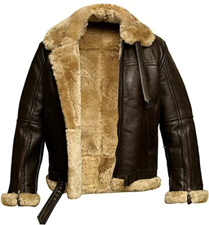 Mens Raf Aviator Leather Jacket Real Shearling Genuine Sheepskin B3 Bomber Flight Flying Winter Coat WW2 - Brown - Image 2