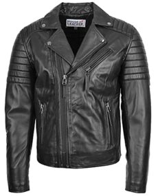 Mens Real Leather Biker Style Jacket Cross Zip Fastening Hook