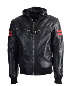 Mens Real Leather Bomber Zip up Hoodie Jacket CAMDEN Black