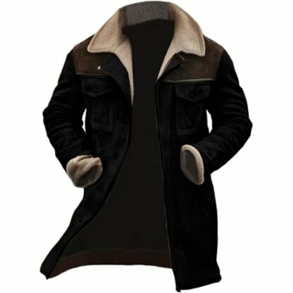 Mens Suede Leather Jacket Turn-Down Collar Flap Pockets Trucker Jacket Brown Vintage Fleece Lined Jacket Faux Suede Oversized Trench Coat Motorcycle Western Work Jacket Winter Warm Overcoat Outwear - Image 3