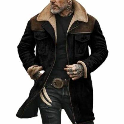 Mens Suede Leather Jacket Turn-Down Collar Flap Pockets Trucker Jacket Brown Vintage Fleece Lined Jacket Faux Suede Oversized Trench Coat Motorcycle Western Work Jacket Winter Warm Overcoat Outwear - Image 2