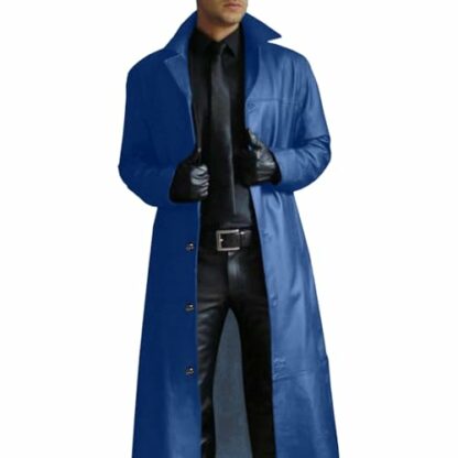 Men's Trench Coat, Solid Color Pu Leather Full Length Windbreaker Gothic Faux Leather Steampunk Overcoat Casual Outwear Lapel Windproof Motorcycle Button Up Long Trench Coat for Winter - Image 2
