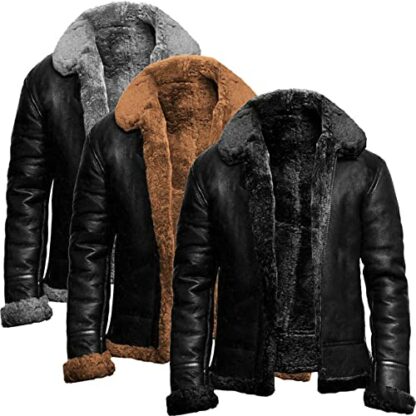 NLAVW Men Flying Winter Jacket,Shearling Leather Jacket Bomber Warm Filling Biker Motorcycle Fur Coat Jacket - Image 3