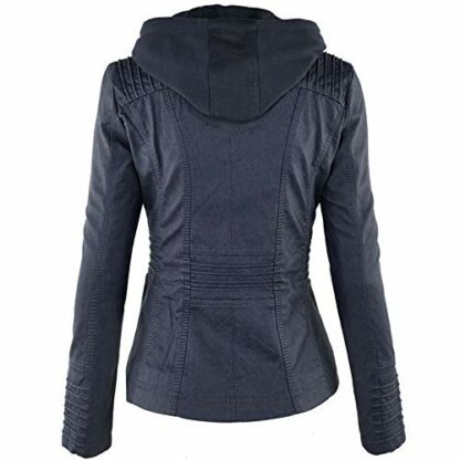 Newbestyle Faux Leather Jacket for Women Hooded Moto Biker Jacket Full Zip Pleated Overcoat Casual Coat Warm Tops - Image 3