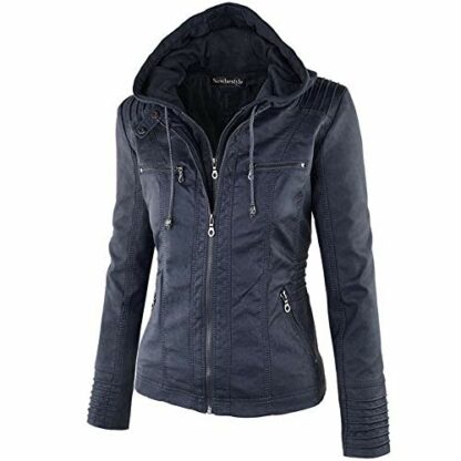 Newbestyle Faux Leather Jacket for Women Hooded Moto Biker Jacket Full Zip Pleated Overcoat Casual Coat Warm Tops - Image 4