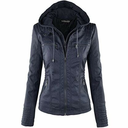 Newbestyle Faux Leather Jacket for Women Hooded Moto Biker Jacket Full Zip Pleated Overcoat Casual Coat Warm Tops - Image 2