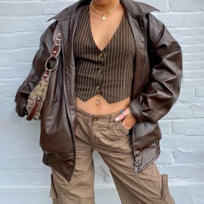 PDYLZWZY Women Oversized Jackets Faux Leather Motorcycle Coat Plus Size Autumn Outfits Y2K Fashion Clothes with Zipper - Image 3
