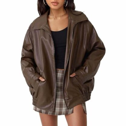 PDYLZWZY Women Oversized Jackets Faux Leather Motorcycle Coat Plus Size Autumn Outfits Y2K Fashion Clothes with Zipper - Image 2