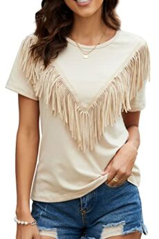 PESION Women's Fringe Trim Shirts Short Sleeve Tassel Trim Blouse T-Shirt Tops