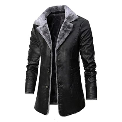 Padded Leather Jackets Mens, Leather Trench Coat Mens Mens Faux Pu Leather Fur Collar Motorbike Jacket Fleece Sherpa Lined Long Trench Coats Long Business Vintage Lapel Leather Plush Jacket - Image 3