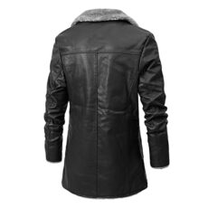 Padded Leather Jackets Mens, Leather Trench Coat Mens Mens Faux Pu Leather Fur Collar Motorbike Jacket Fleece Sherpa Lined Long Trench Coats Long Business Vintage Lapel Leather Plush Jacket